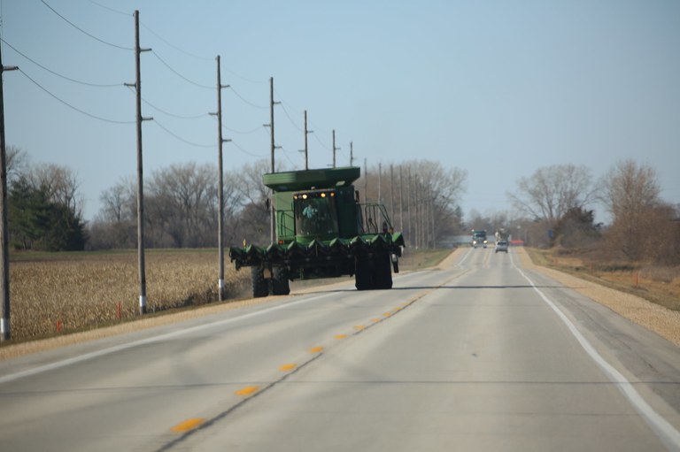 As agricultural producers prepare for harvest season, it is crucial for motorists and farm equipment operators to share the road to prevent roadway collisions. (Photo by Central States Center for Agricultural Safety and Health (CS-CASH))