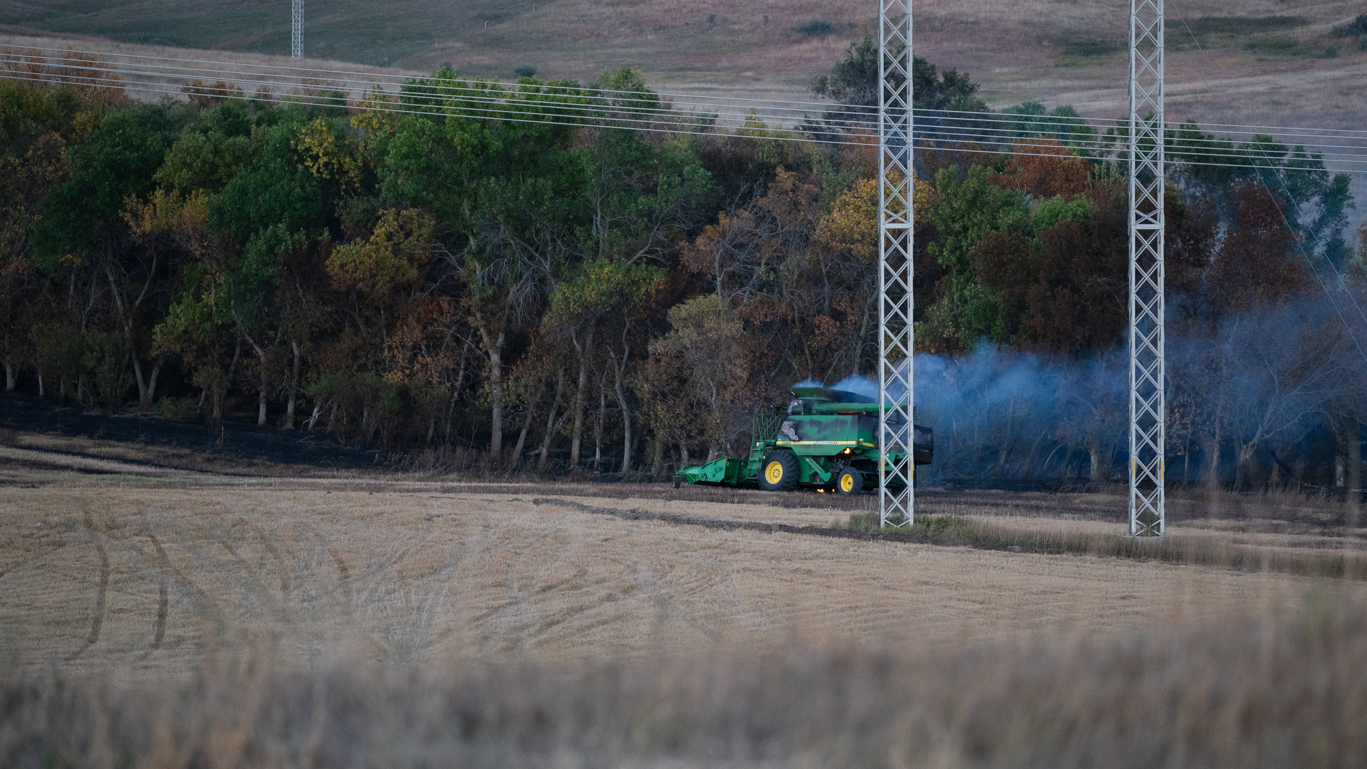 Combine fires are a serious threat during a dry harvest season. (photo by Jesse Orgaard)