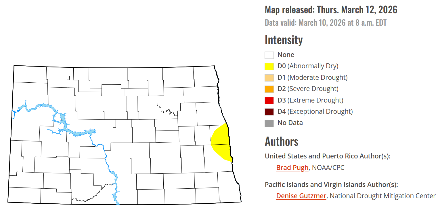 The U.S. drought monitor map shows the drought conditions for North Dakota as of March 10. (Graphic by droughtmonitor.unl.edu)