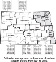 Estimated average cash rent per acre of North Dakota pasture, 2021-2026. (NDSU graphic)