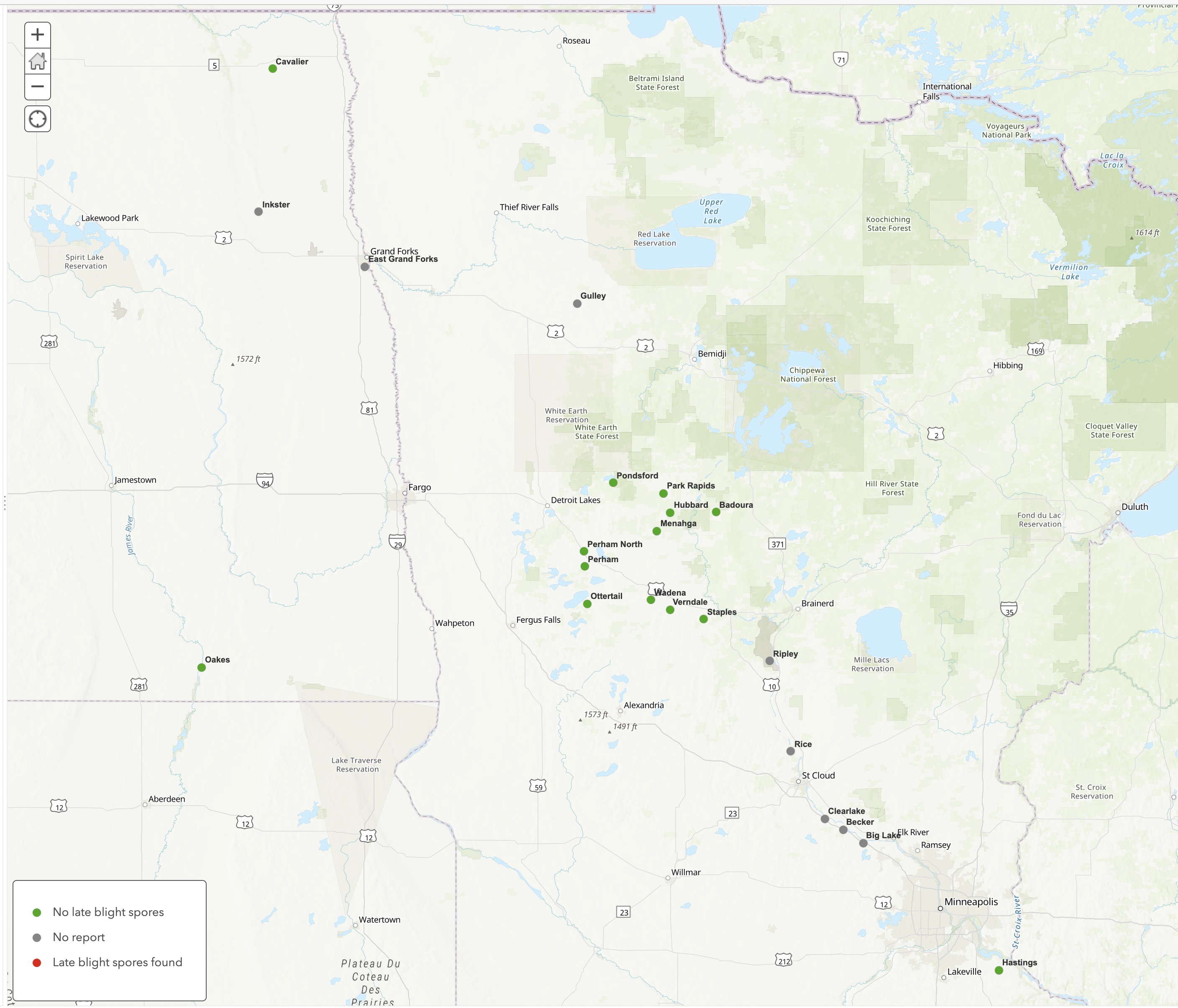 Late blight spore trapping network report August 12-19, 2019