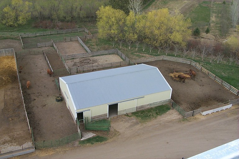 Overhead view of the north barn with outside holding pens, alleys and loading chute