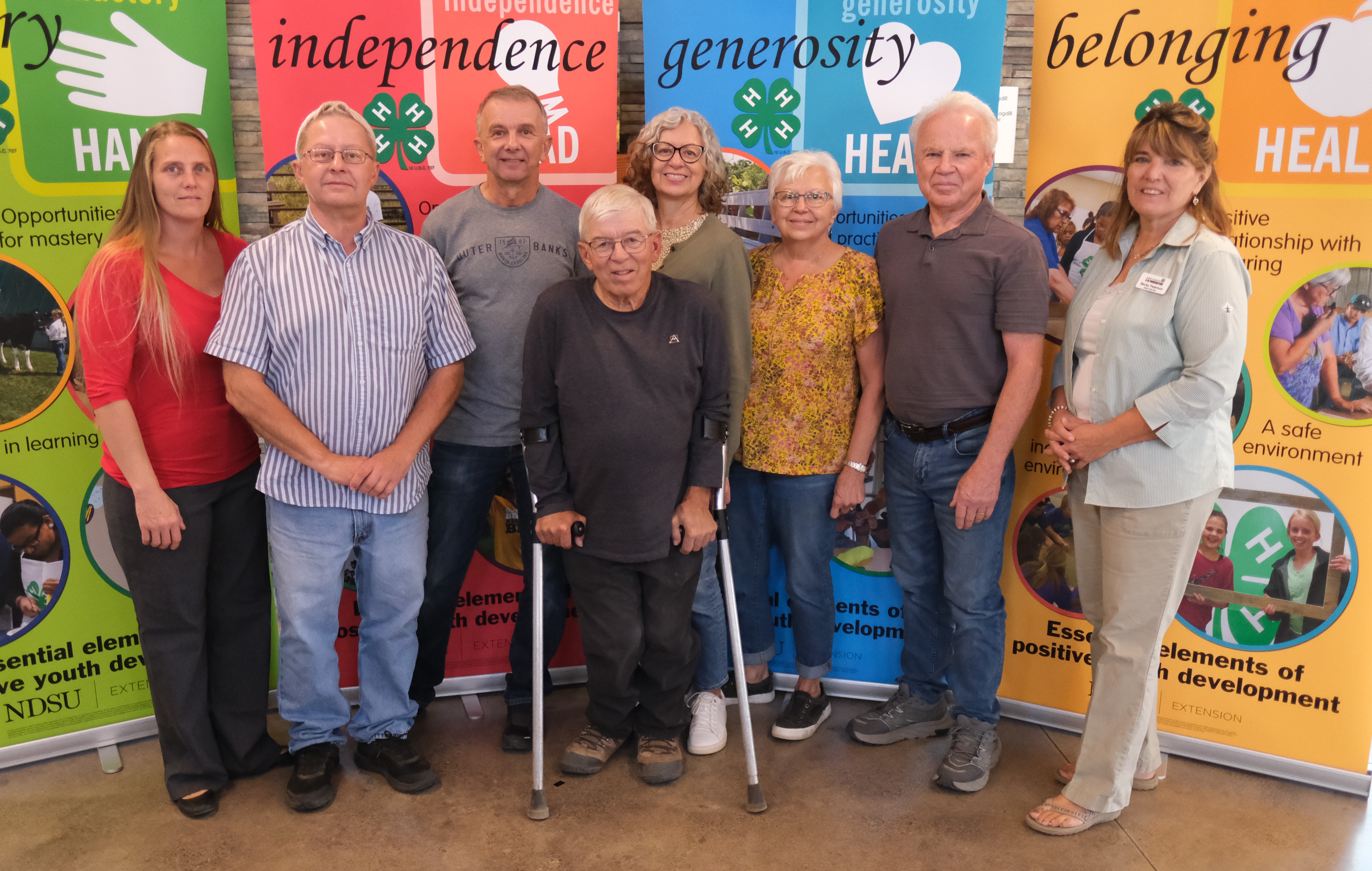 The Leir family is recognized as a North Dakota 4-H Century Family. Pictured are (from left): Tina Gianakos, Daren Leier, Tom Leier, Duane Leier, Elaine Hyslop, Charlene Sickler, Marvin Sickler and Becky Peterson, North Dakota 4-H Foundation chair. (NDSU photo)