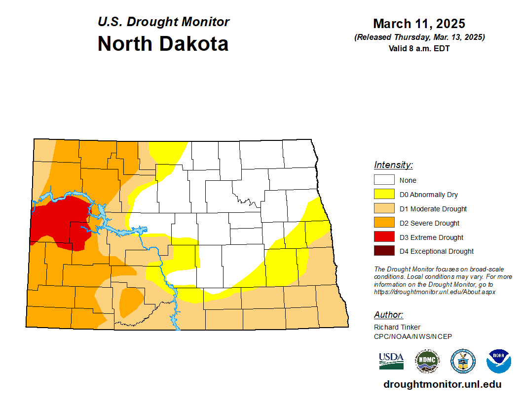 The U.S. drought monitor map shows the drought conditions for North Dakota as of March 11. (Graphic by droughtmonitor.unl.edu)