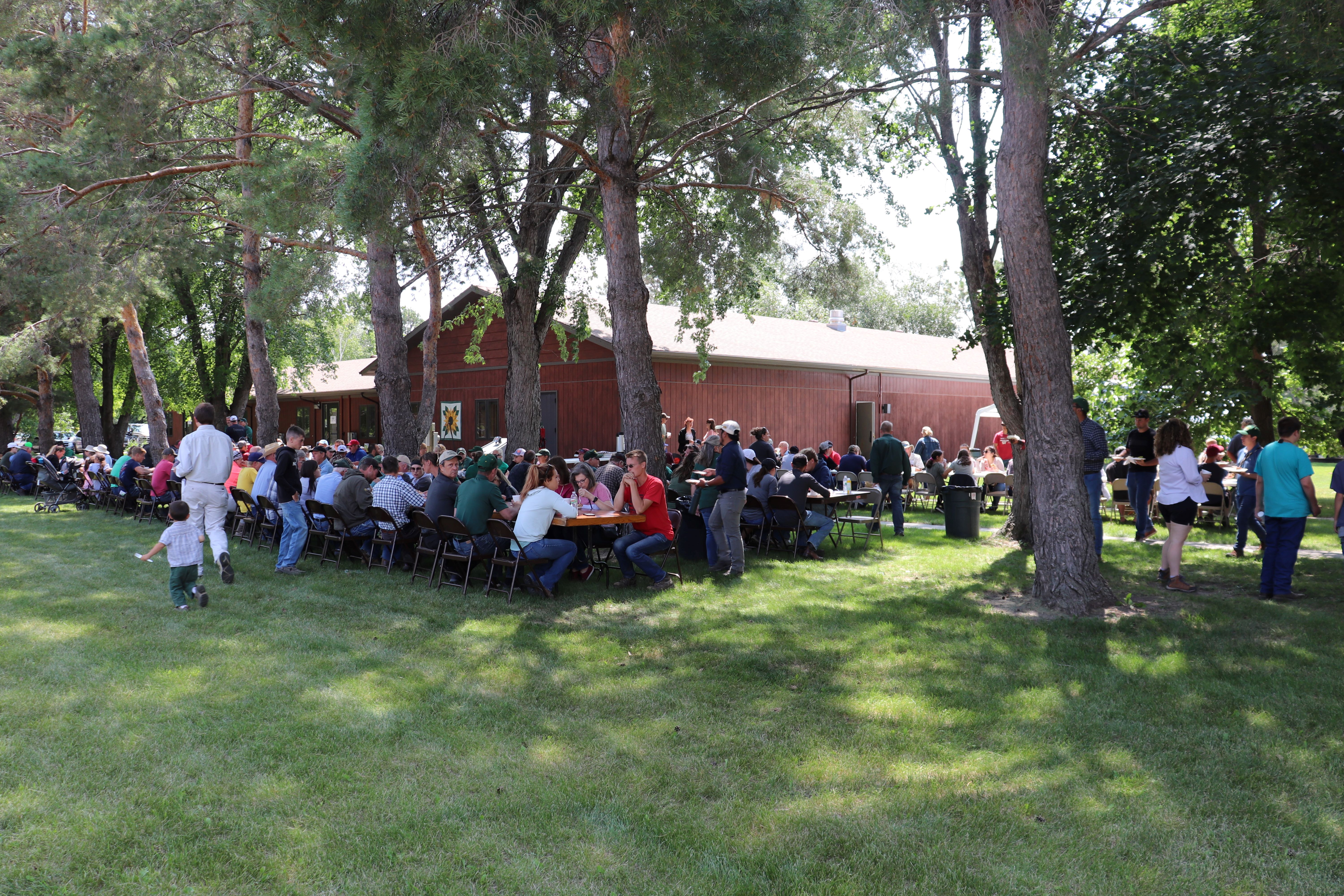 A large group of people are seated a long tables, enjoying a picnic lunch on the grounds of the NDSU Carrington Research Extension Center